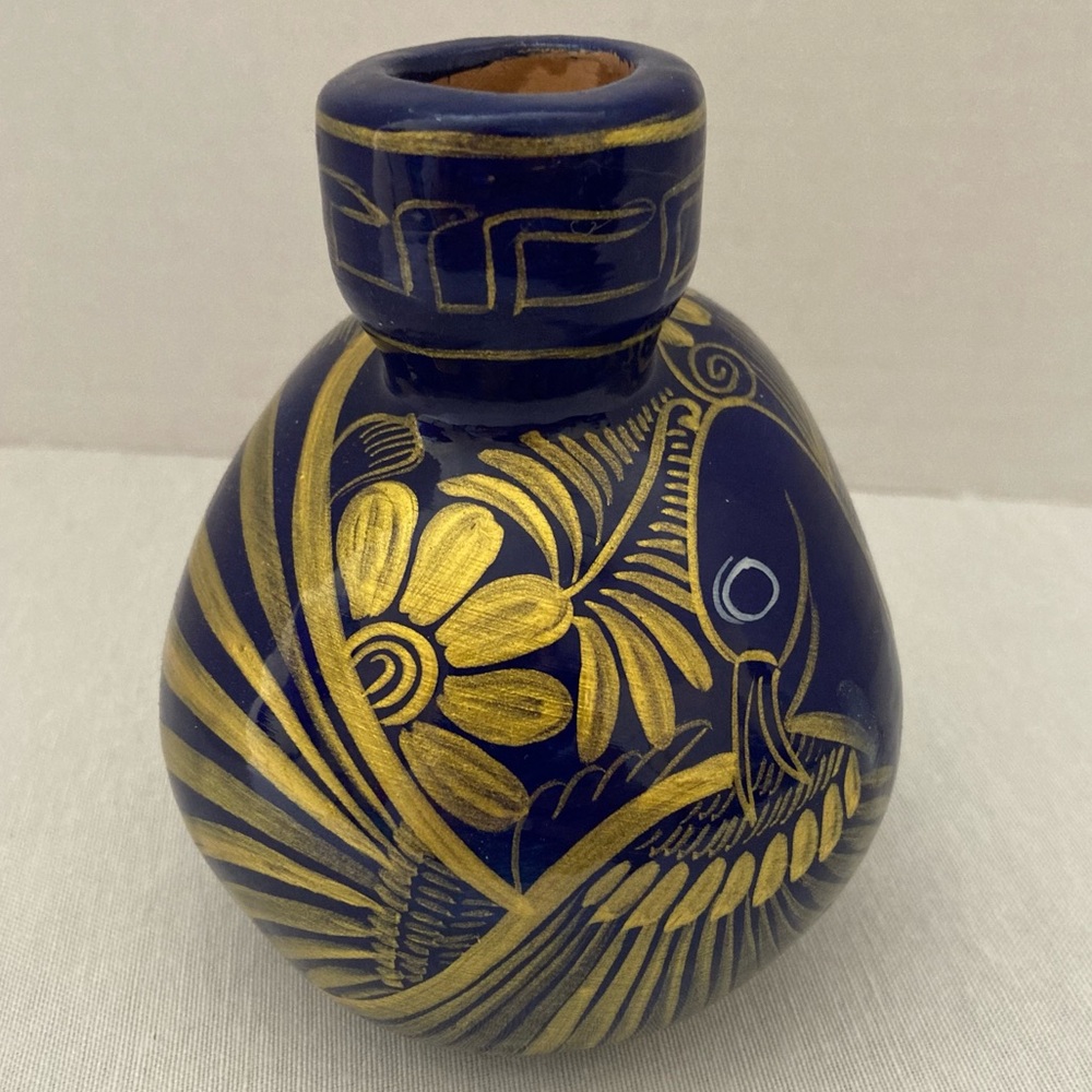Blue & Gold Ceramic Sugar Skull Vase | Day of the Dead Decor | Hand Painted - Picture 4 of 9